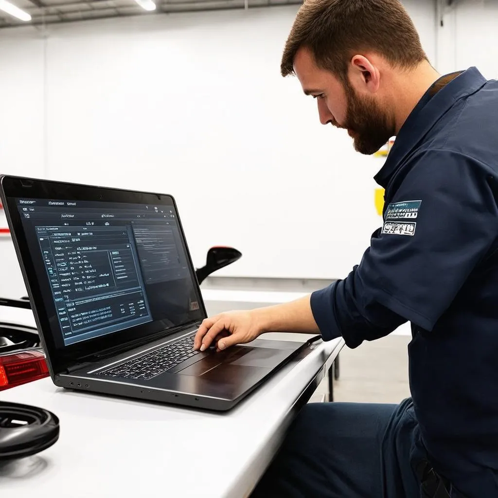 Un mécanicien utilisant un ordinateur portable pour diagnostiquer une voiture.