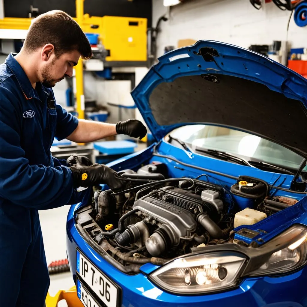 Un mécanicien travaillant sur une Ford Fiesta