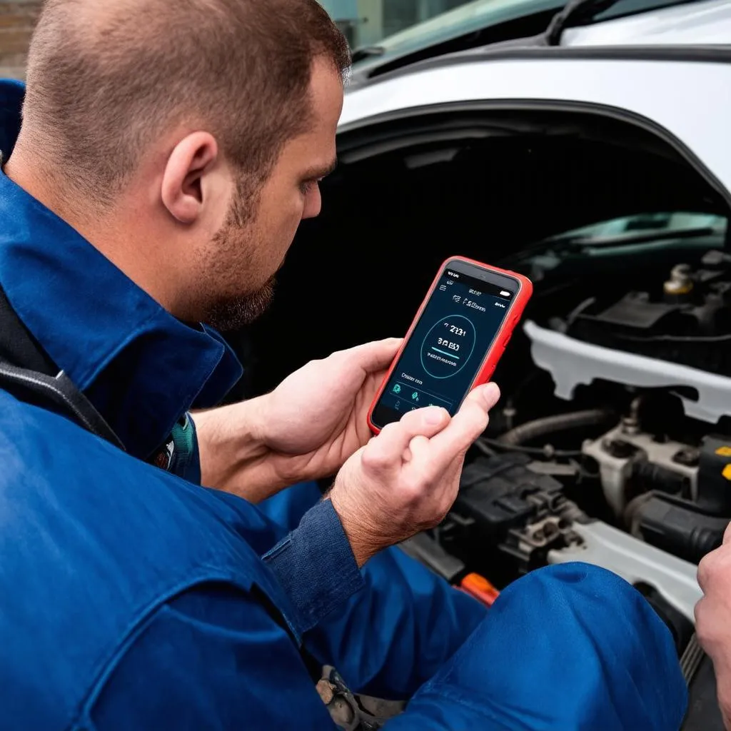 Un mécanicien utilisant une application OBD sur son téléphone pour diagnostiquer un problème de voiture