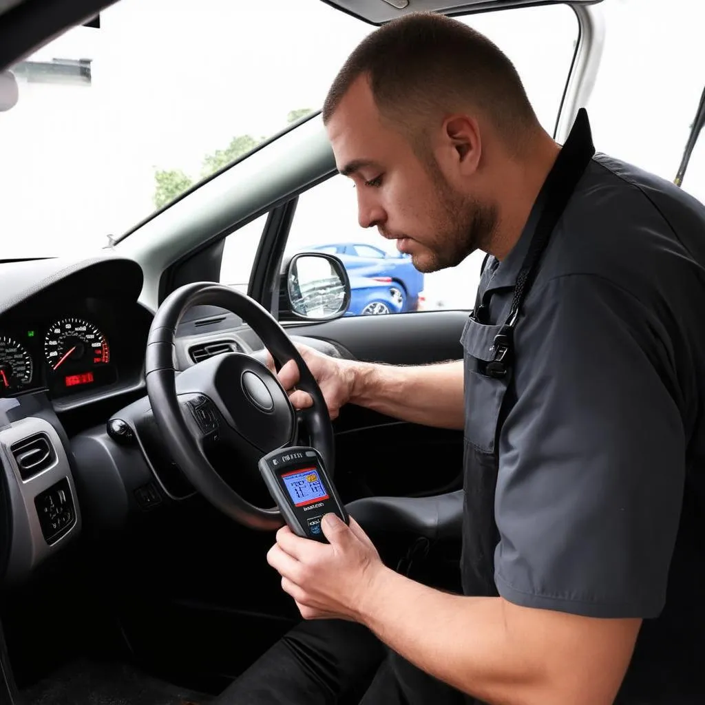 Mécanicien utilisant un lecteur OBD2 pour diagnostiquer une voiture