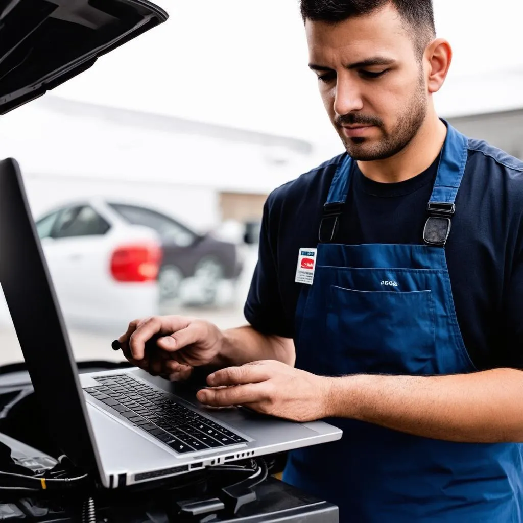 Mécanicien utilisant un ordinateur portable pour le diagnostic automobile