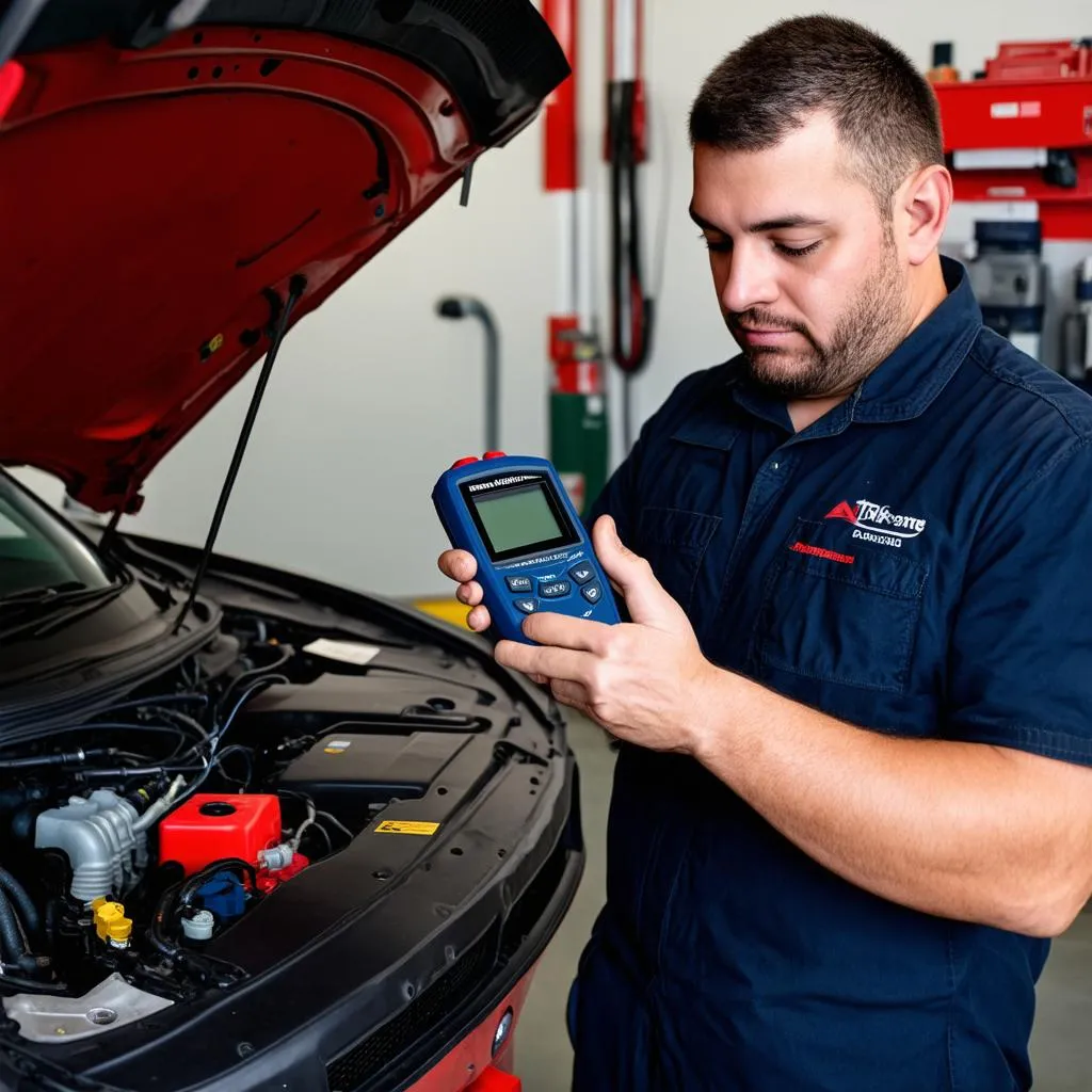 Mécanicien utilisant un scanner OBD professionnel dans un garage