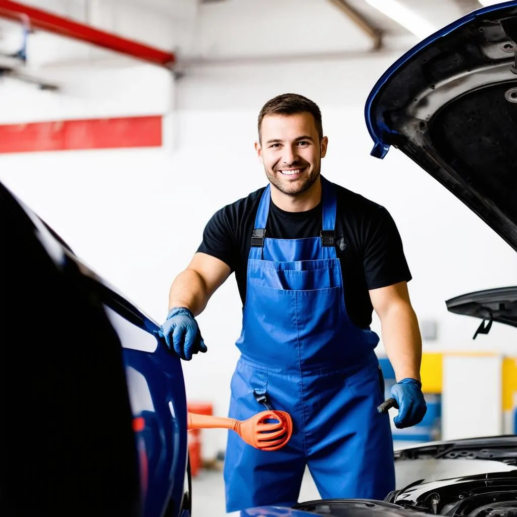 Un mécanicien souriant travaillant sur une voiture