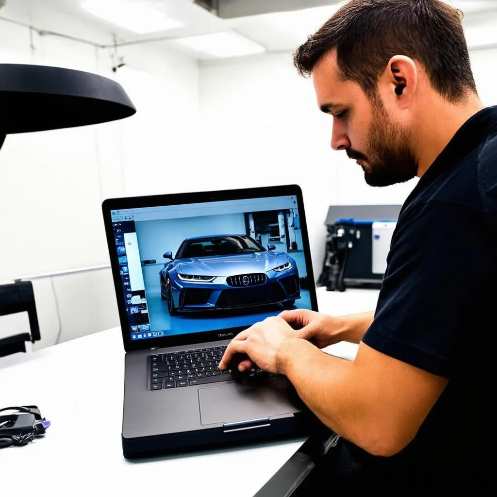 Un mécanicien utilisant un ordinateur portable pour diagnostiquer une voiture