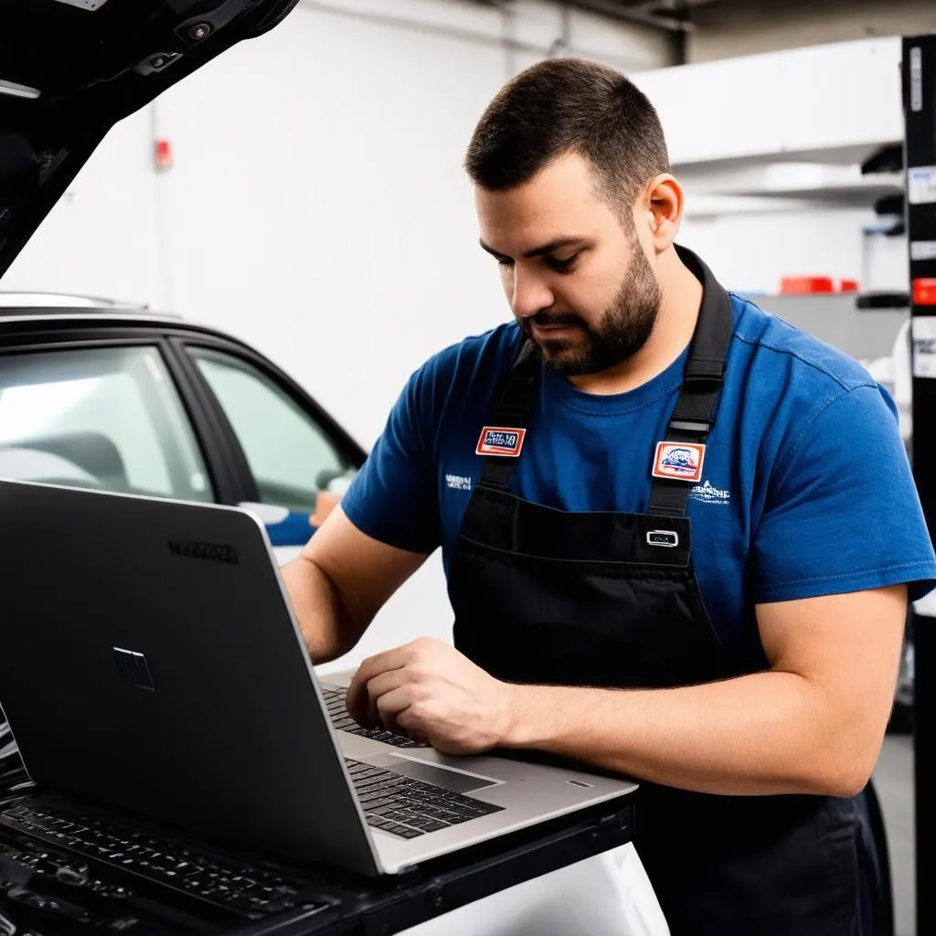 mécanicien utilisant un ordinateur portable pour diagnostiquer une voiture