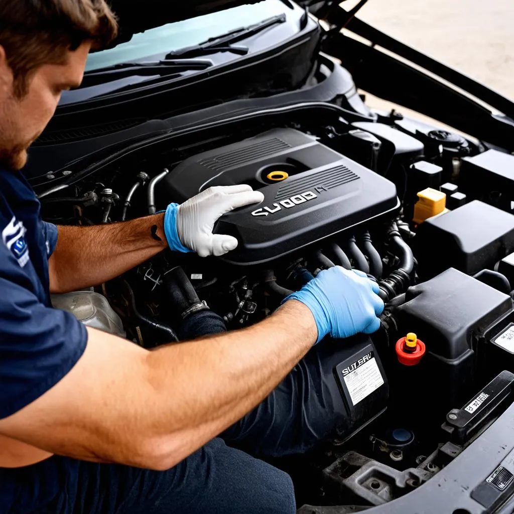 Mécanicien travaillant sur le moteur d'une Subaru WRX