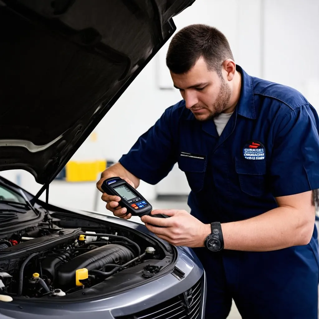 car mechanic using a diagnostic tool