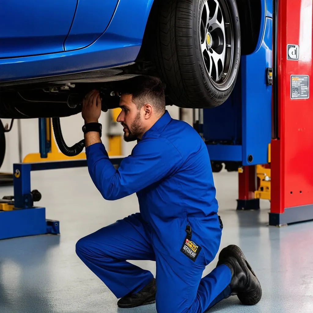 Car mechanic inspecting car wheel speed sensor