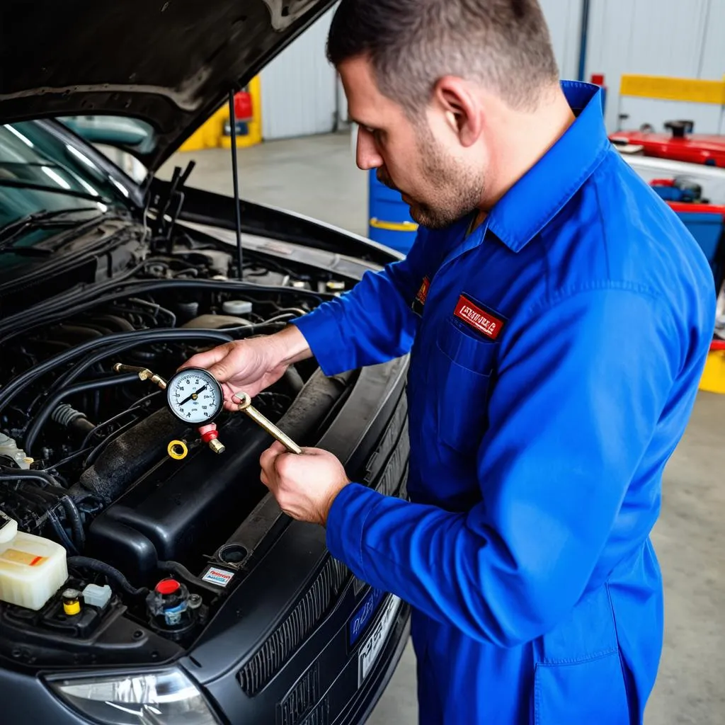 Mécanicien vérifiant la pression du carburant