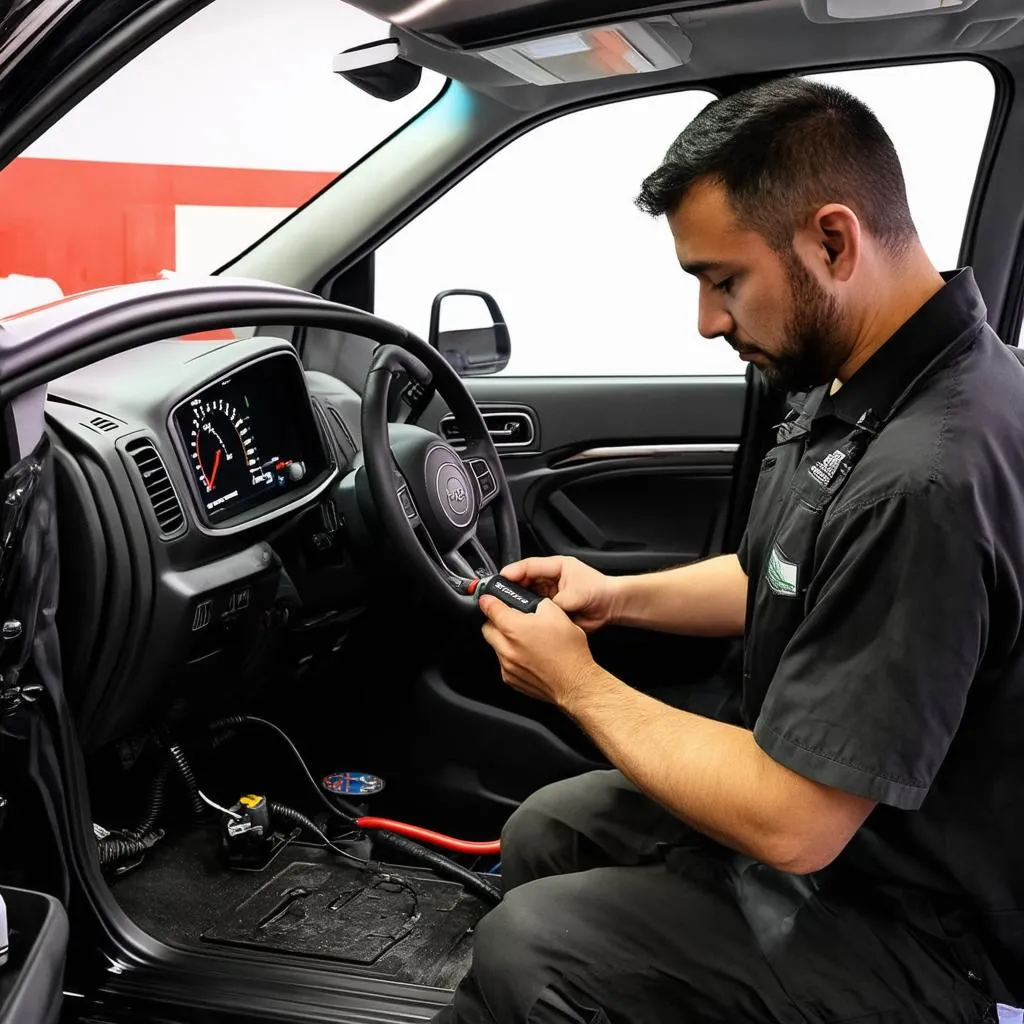 Mécanicien vérifiant l'électronique d'une Jeep Grand Cherokee