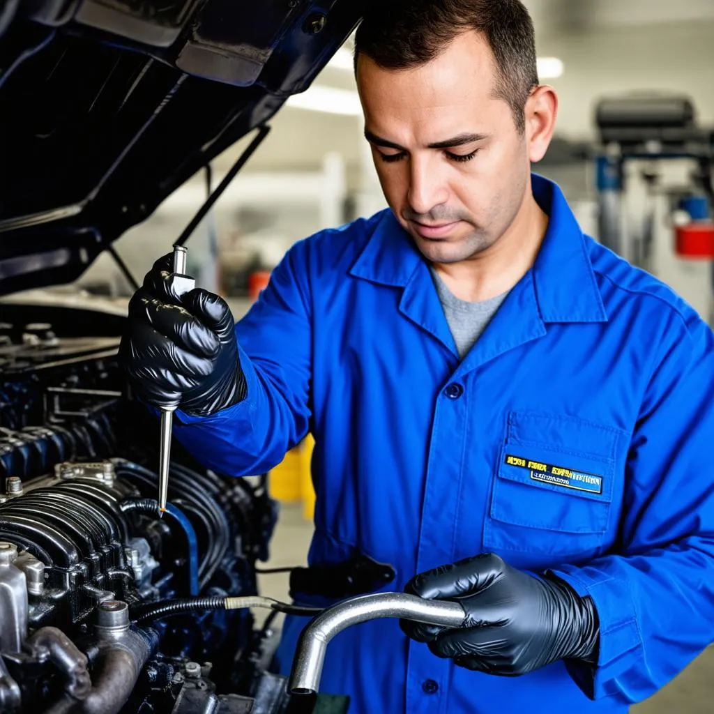 Mechanic checking oil