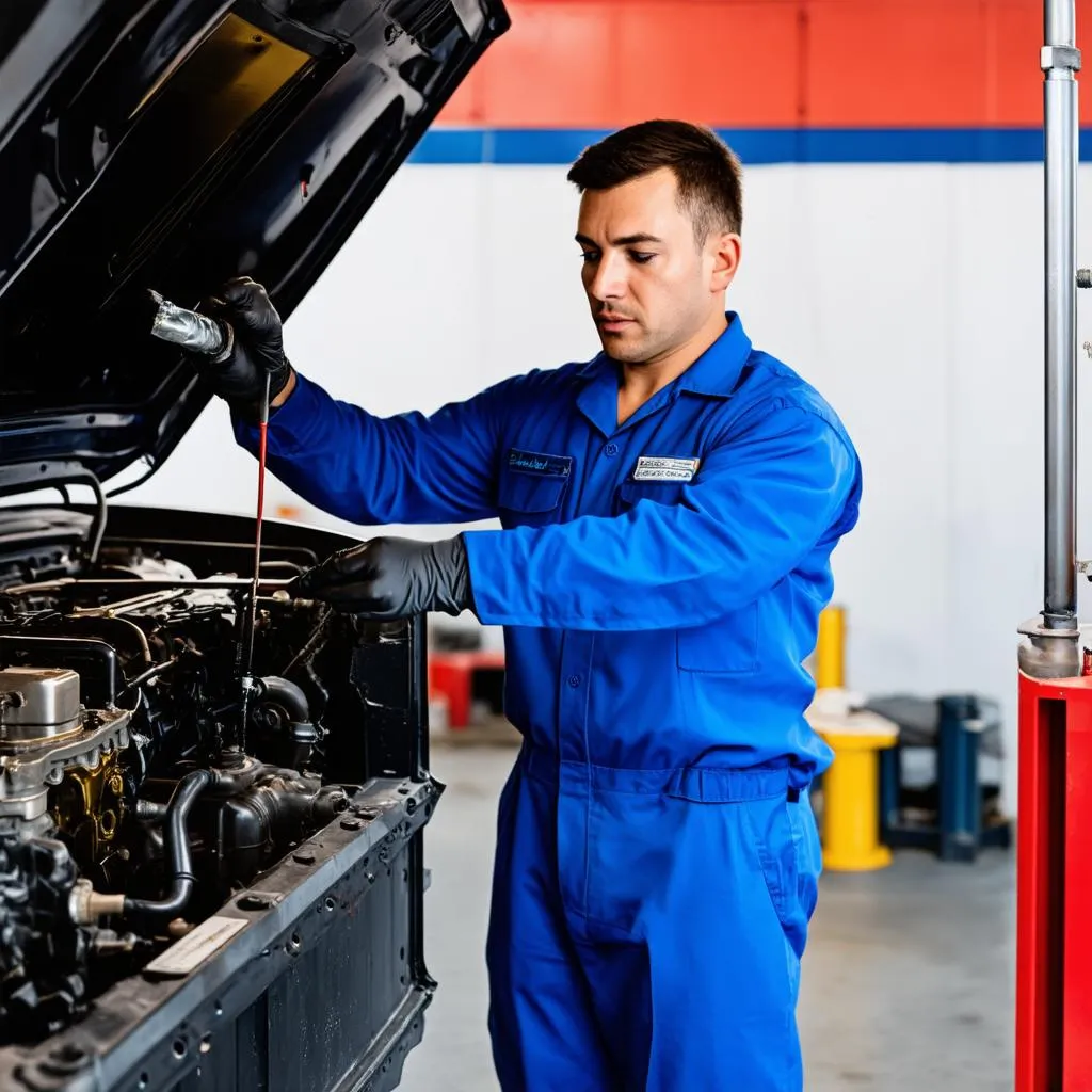 Mechanic Checking Oil Level