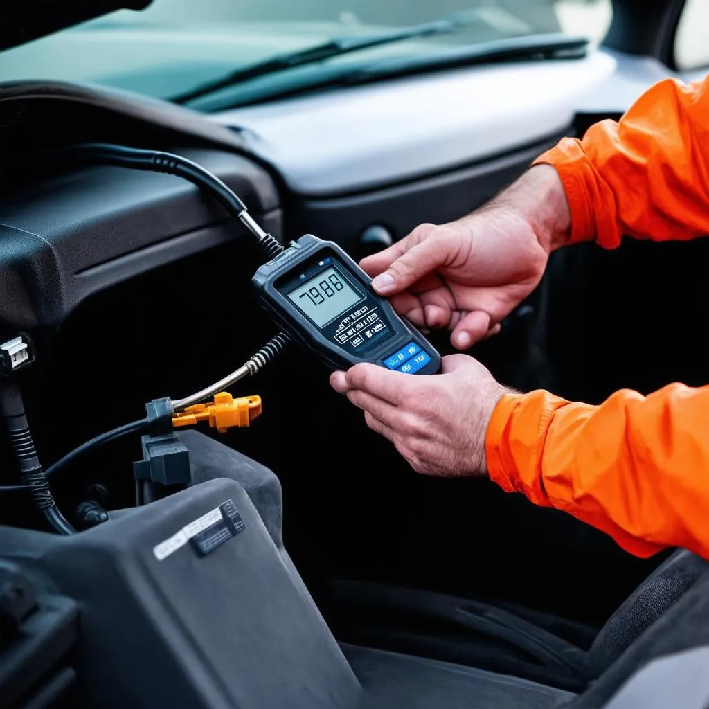 Mécanicien connectant un outil de diagnostic à une voiture