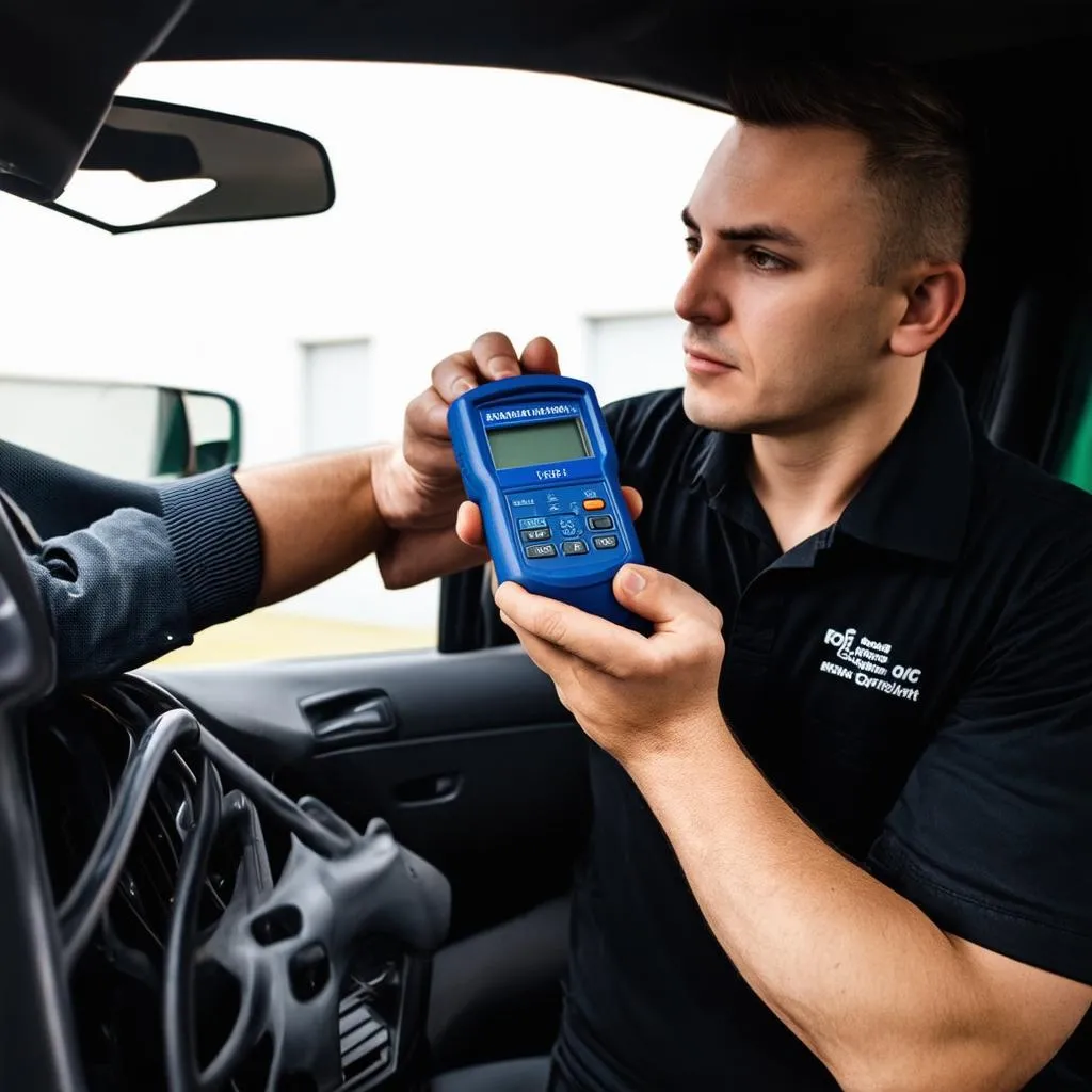 Mécanicien connectant un scanner OBD