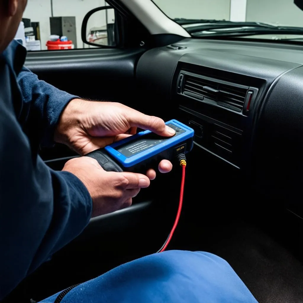 Mechanic connecting OBD2 scanner to a car's port