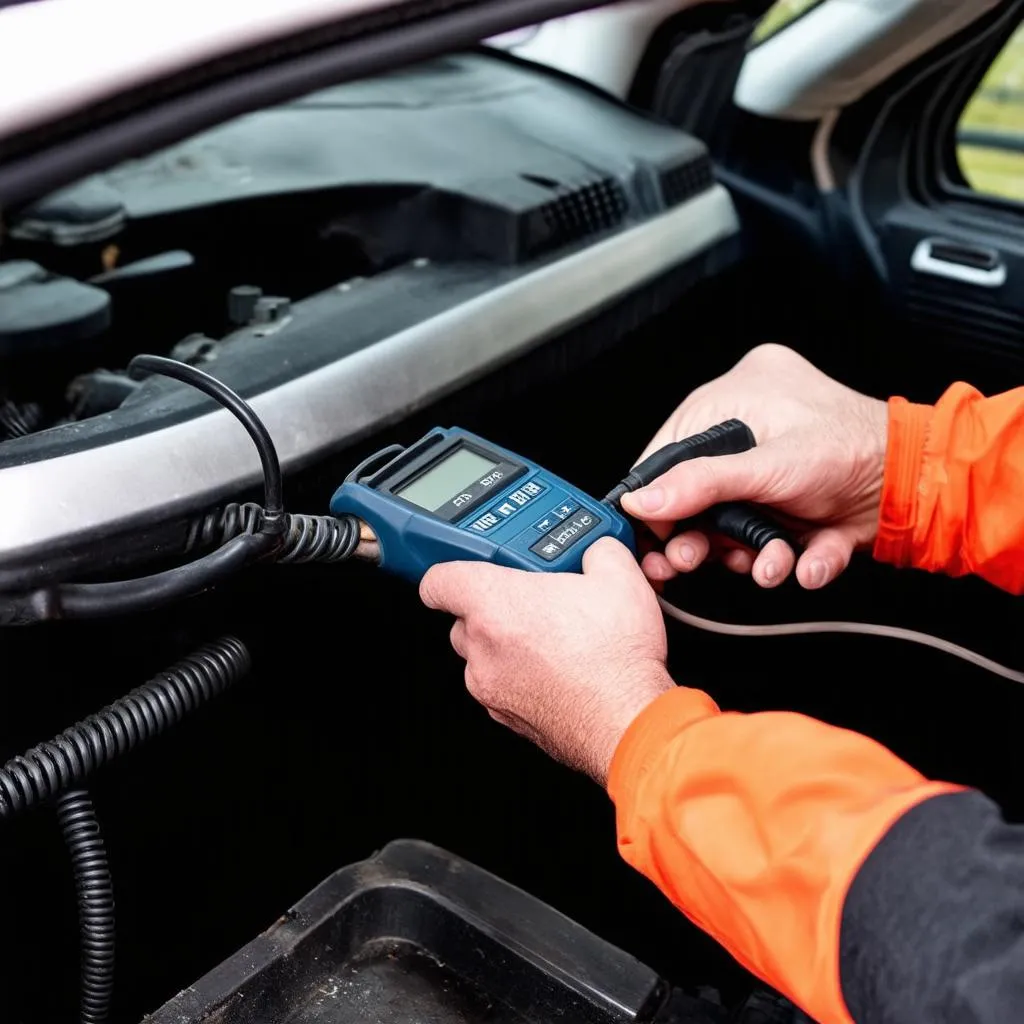 Mechanic diagnosing car