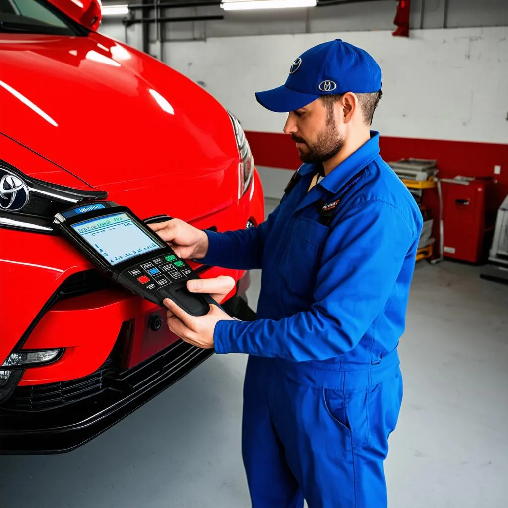 Mechanic diagnosing car