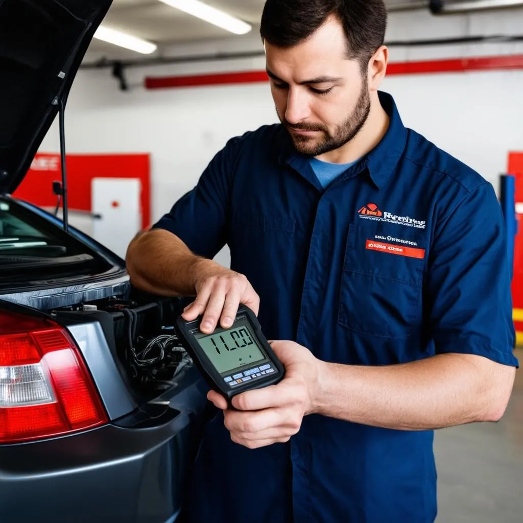 Mechanic Diagnosing Car with Scanner