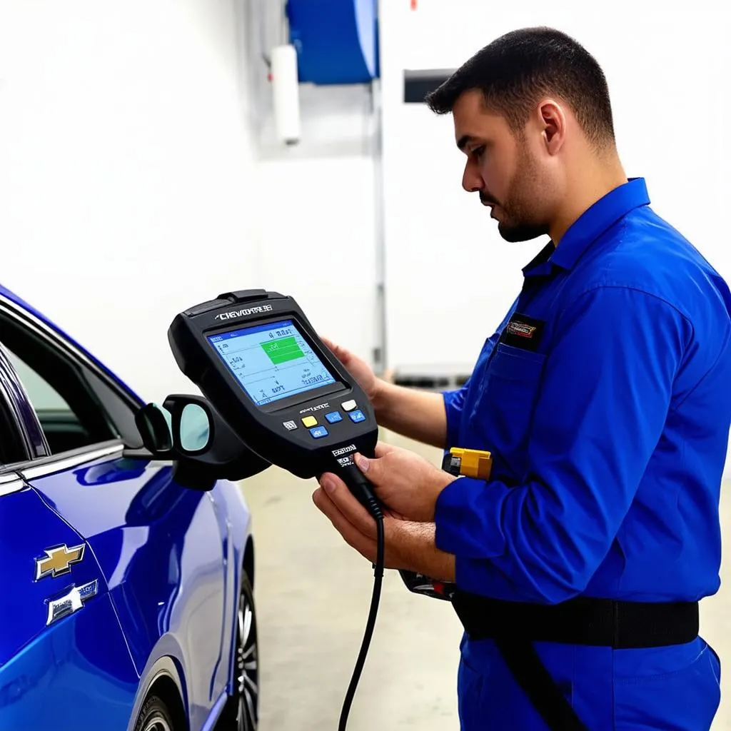 Mécanicien diagnostiquant le moteur d'une Chevrolet Malibu