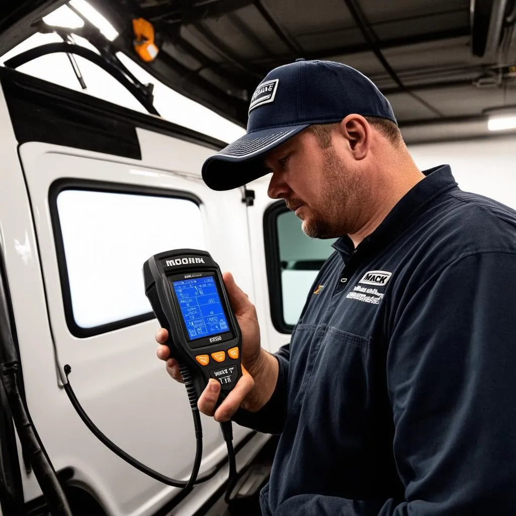 Mechanic Diagnosing Mack Engine with Scanner