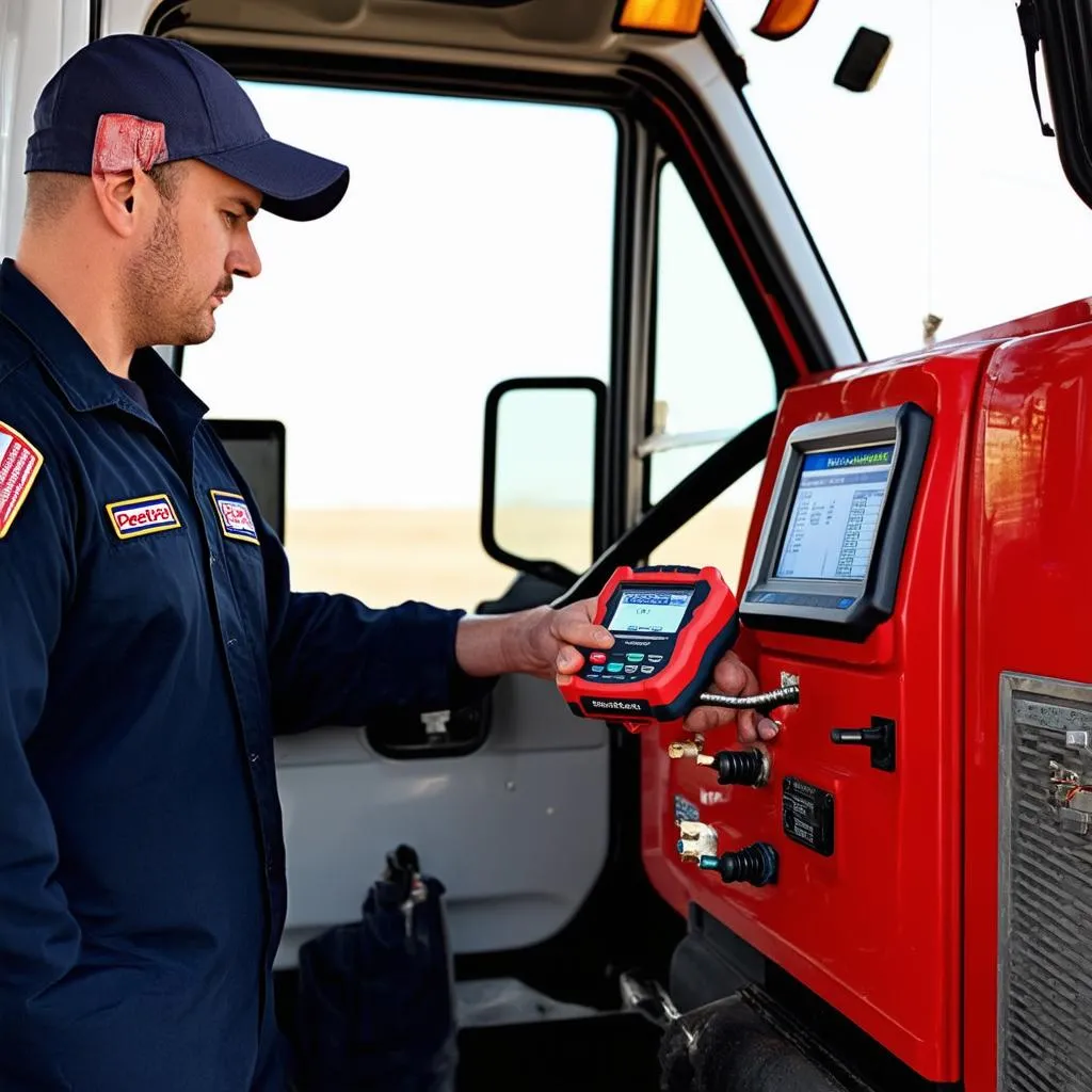 Mechanic diagnosing Peterbilt truck