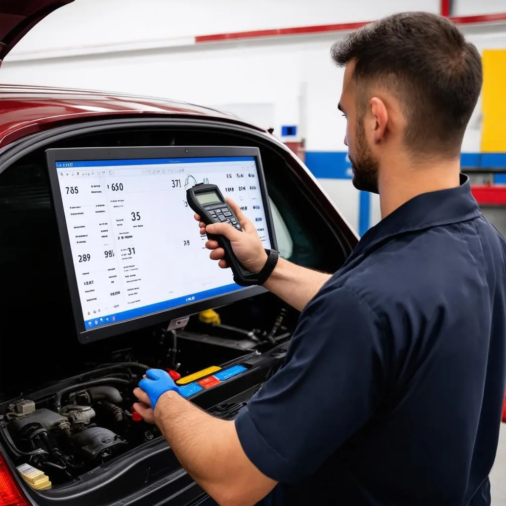 mechanic using diagnostic tool on european car