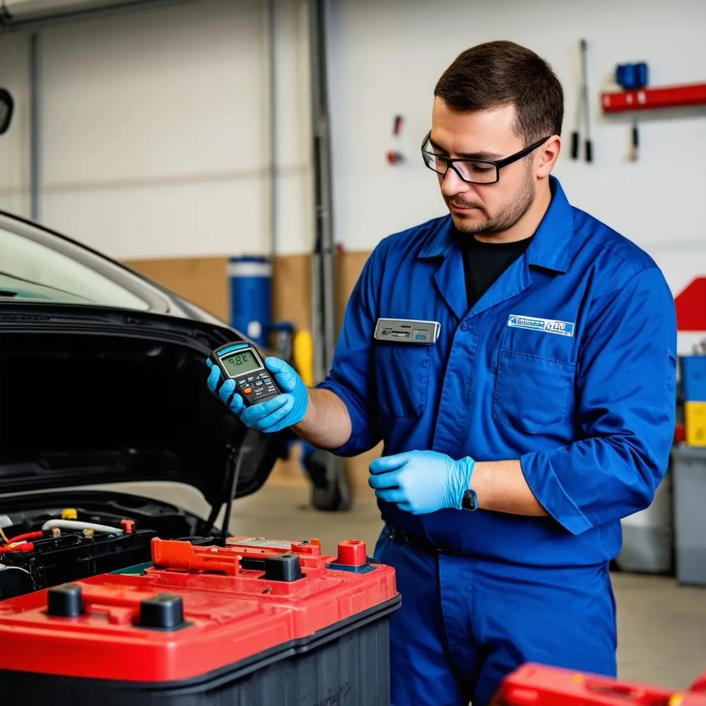 Mechanic checking a car battery with a multimeter