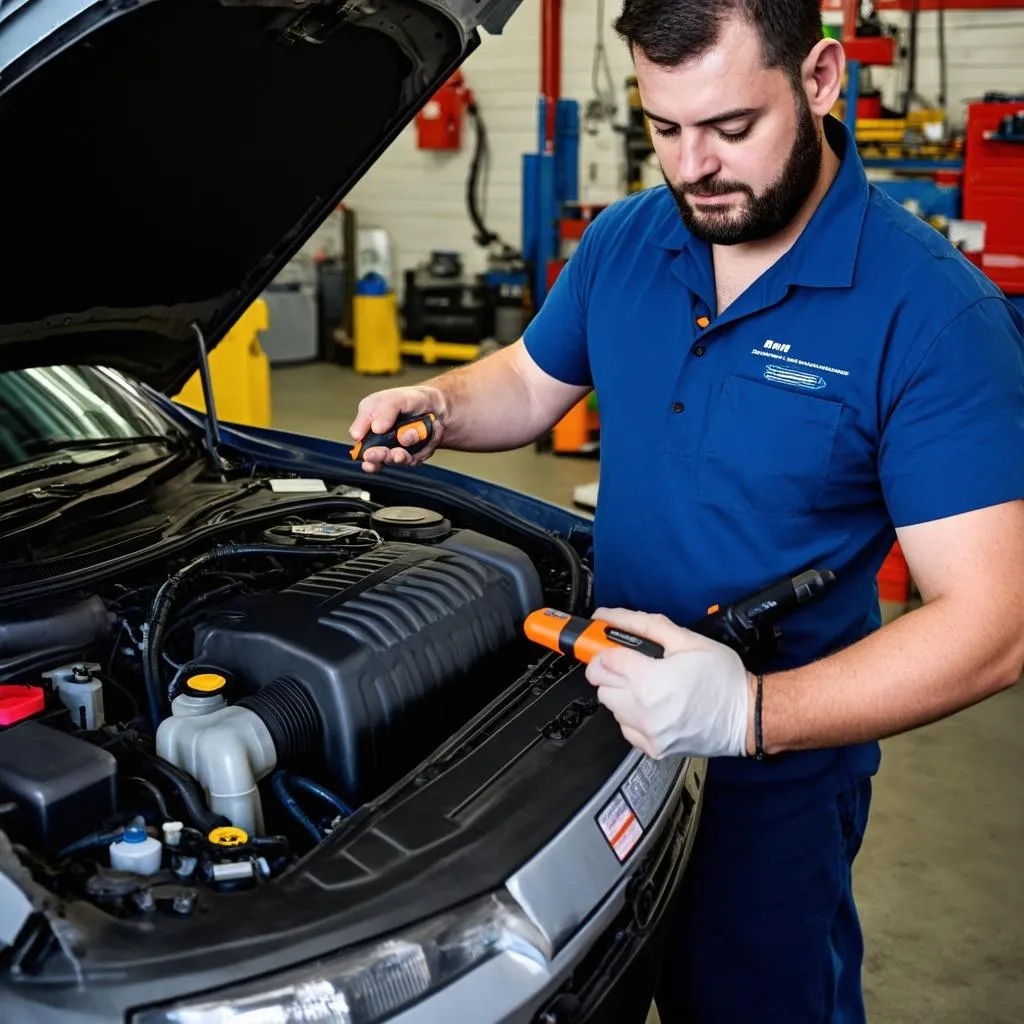 Mécanicien inspectant le moteur d'une voiture