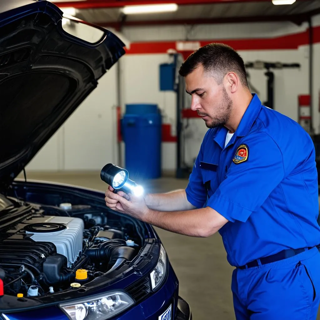 Mécanicien inspectant le moteur d'une voiture