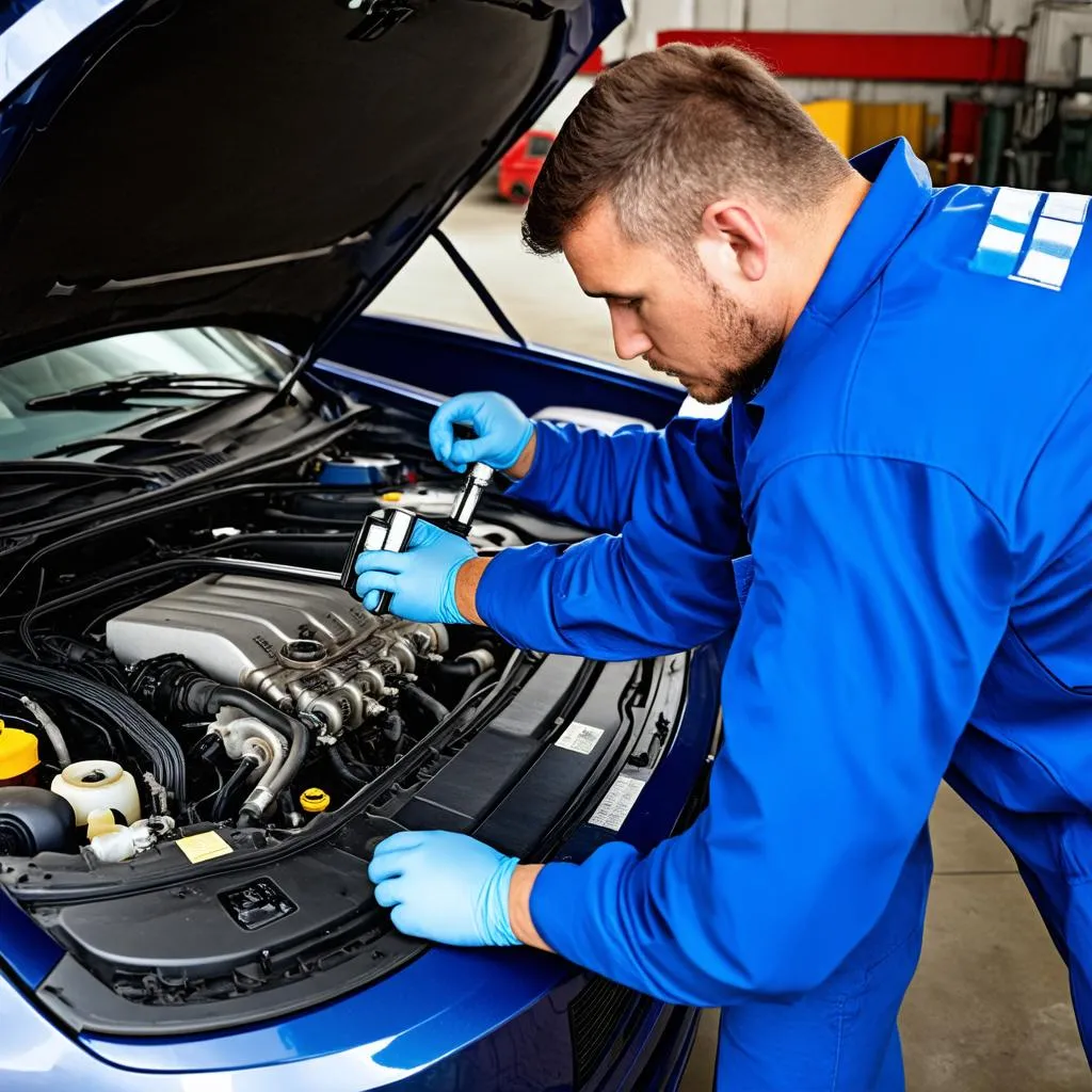 Mécanicien inspectant le moteur d'une voiture