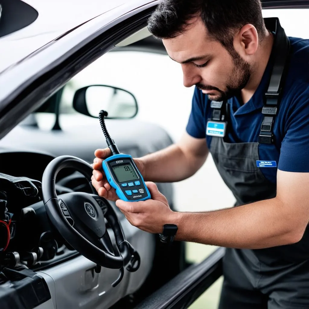 Mécanicien inspectant une voiture avec un outil de diagnostic