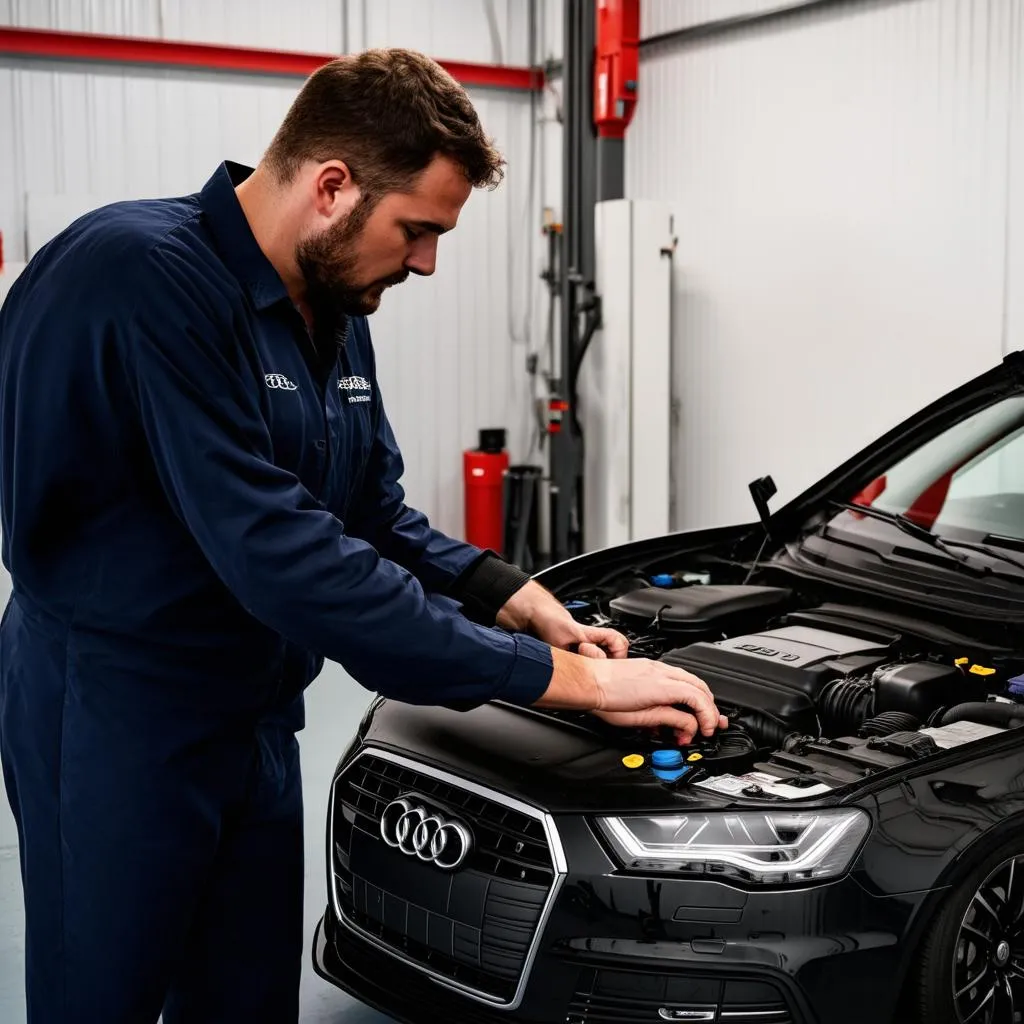 Mechanic inspecting engine of Audi A6 TDI