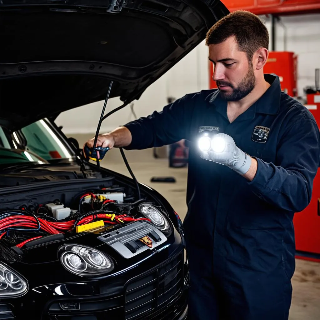 Mechanic Inspecting Porsche Cayenne Wiring