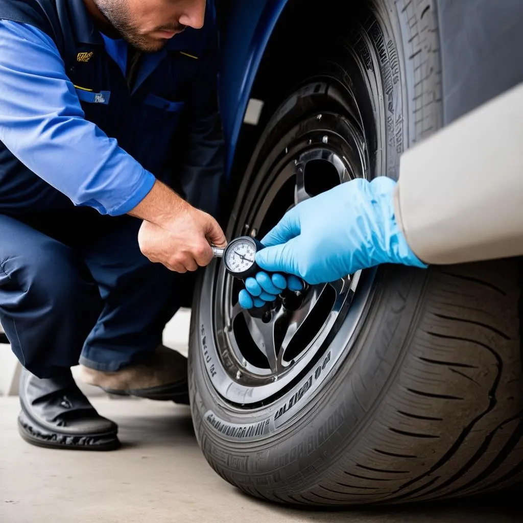 mechanic inspecting tire