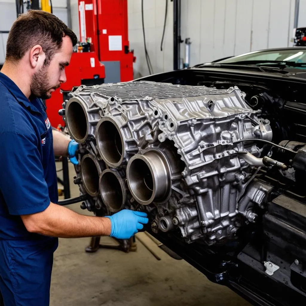 Mechanic Inspecting Transmission