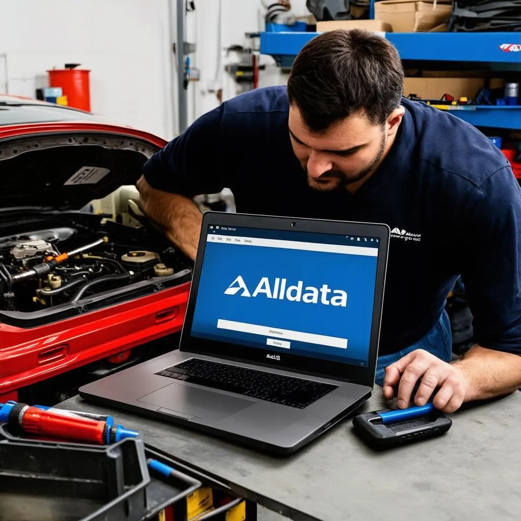 Mechanic using Alldata on Laptop