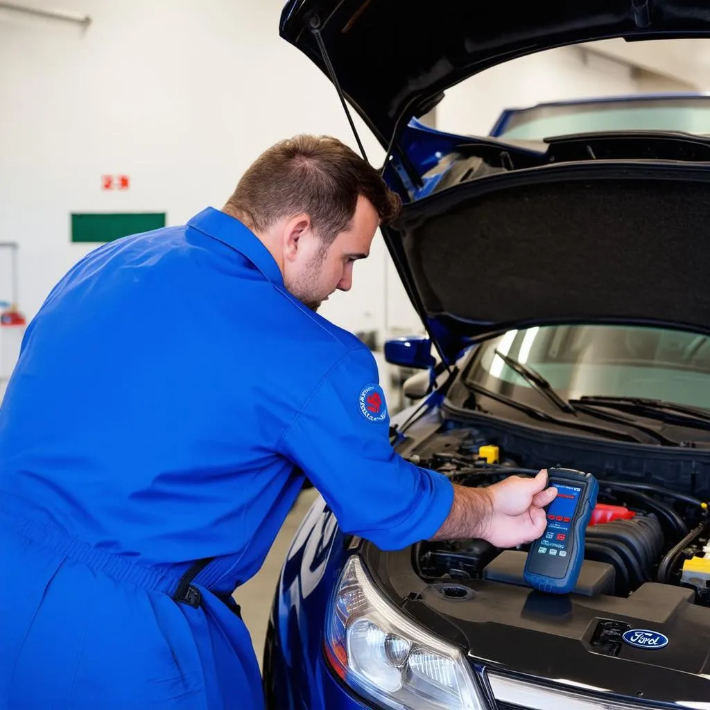 Mechanic using Bosch 1150 OBD2 on a Ford C-Max