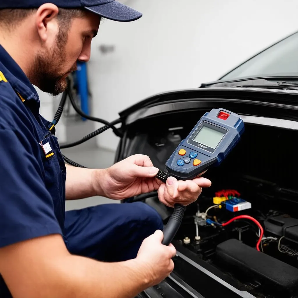 Mécanicien utilisant un scanner de diagnostic sur une voiture