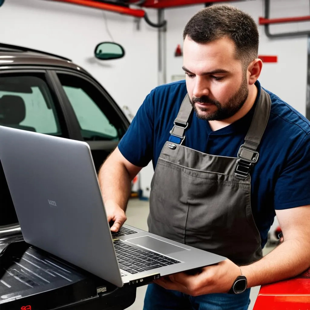 Mechanic using diagnostic software on a laptop