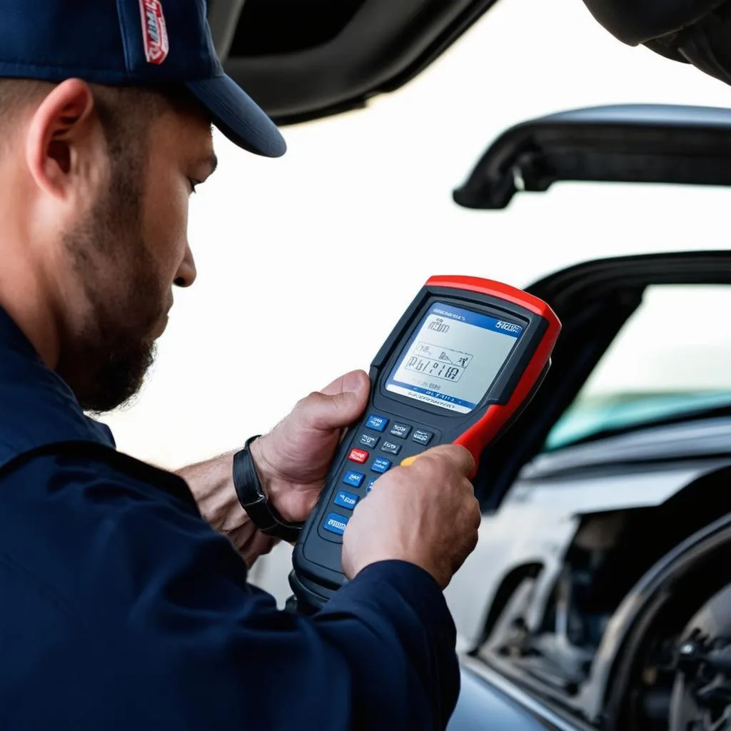 Mechanic using a diagnostic tool on a car