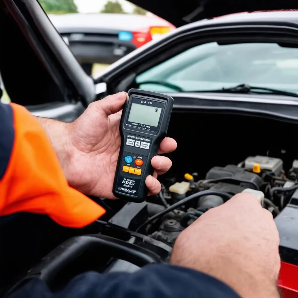 Mécanicien utilisant un outil de diagnostic