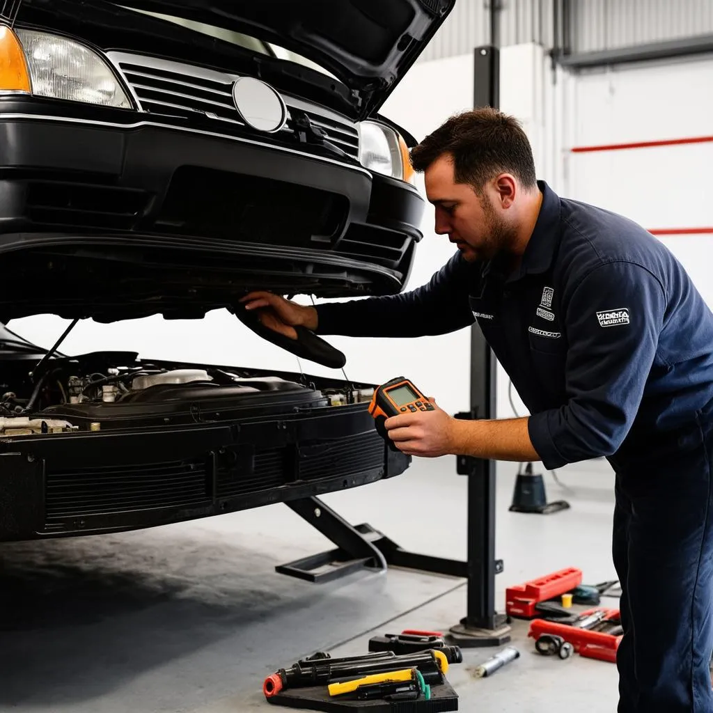 Mechanic using a diagnostic tool on a car