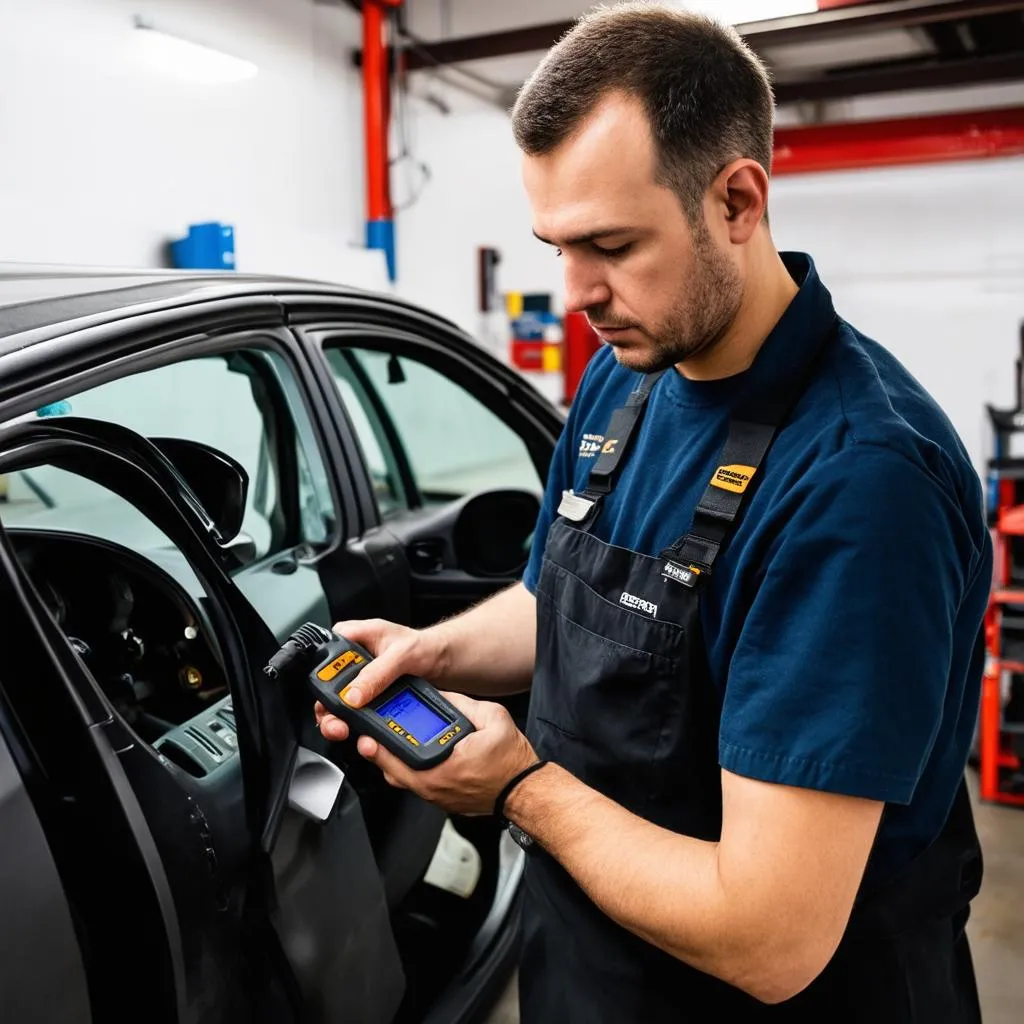 Mécanicien utilisant un outil de diagnostic sur une voiture