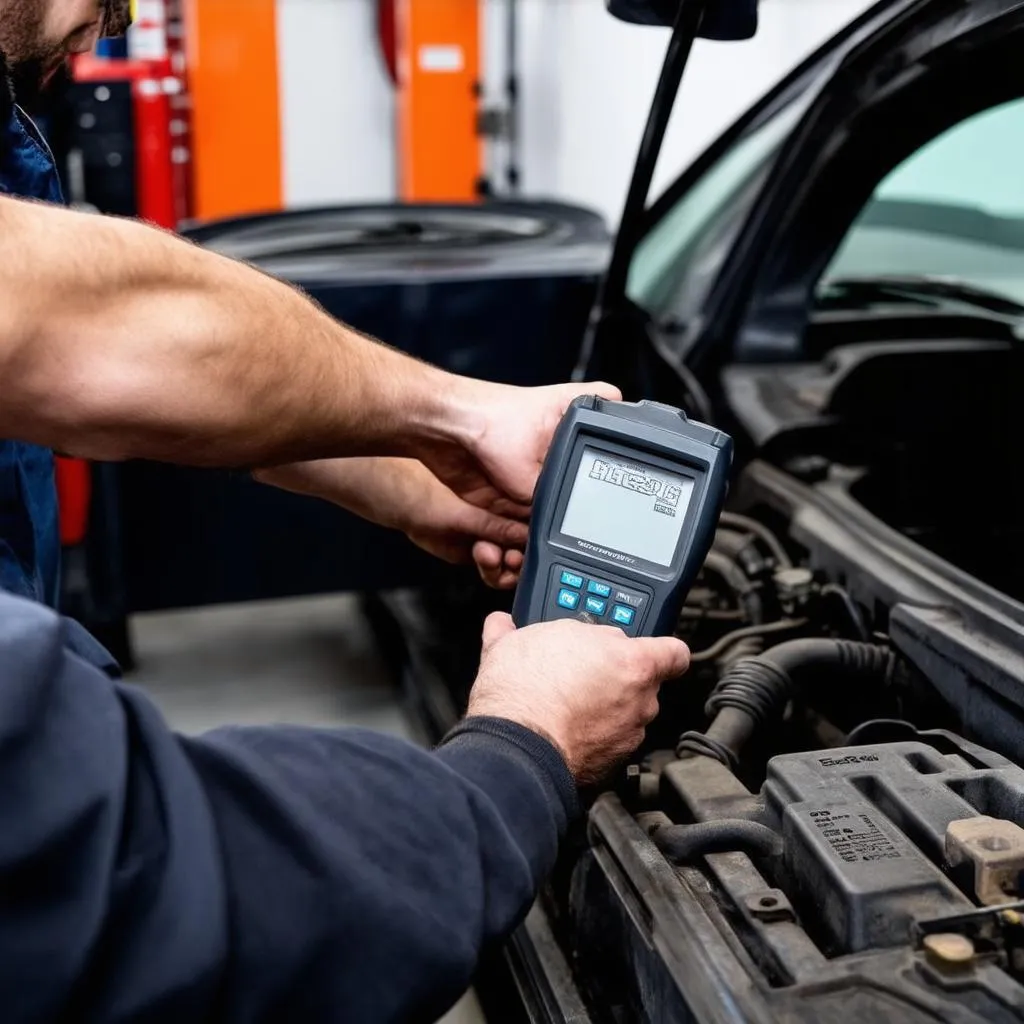 Mécanicien utilisant un outil de diagnostic