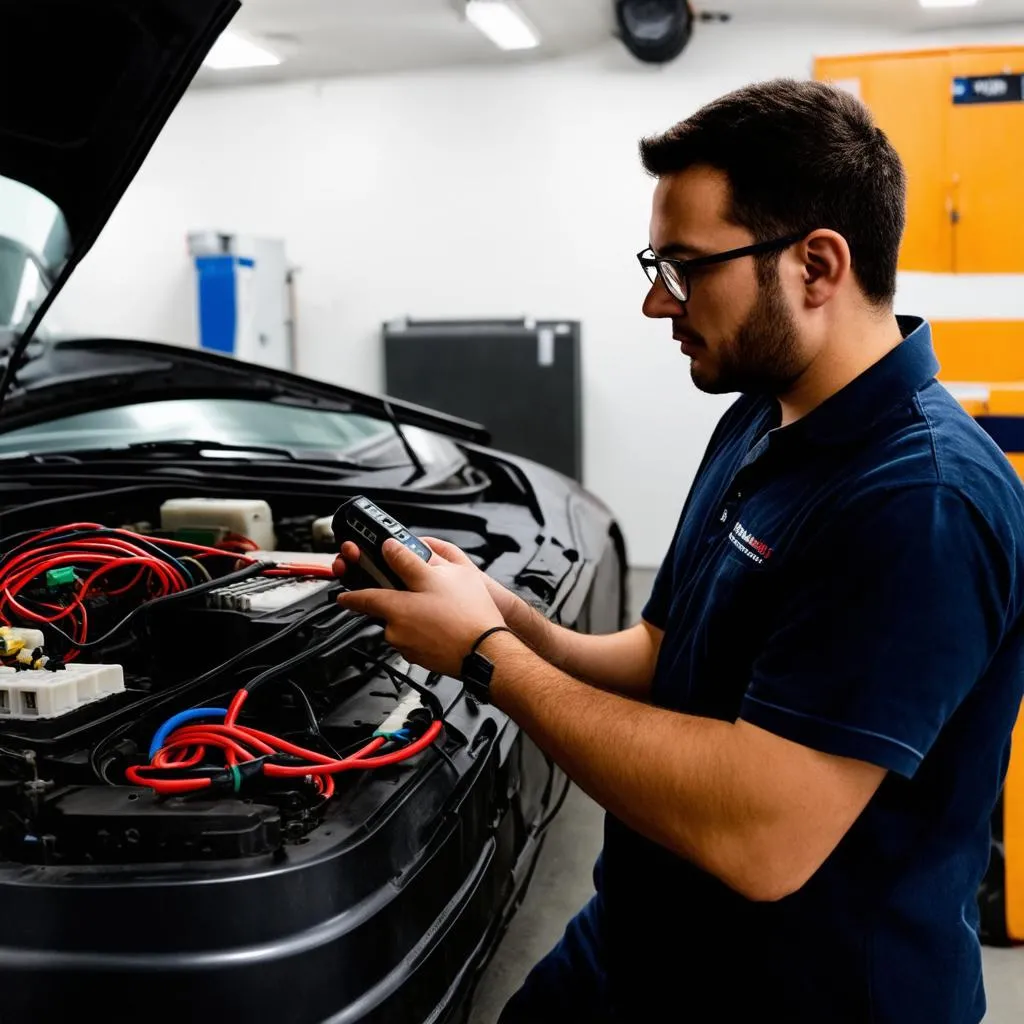 Mécanicien utilisant un outil de diagnostic