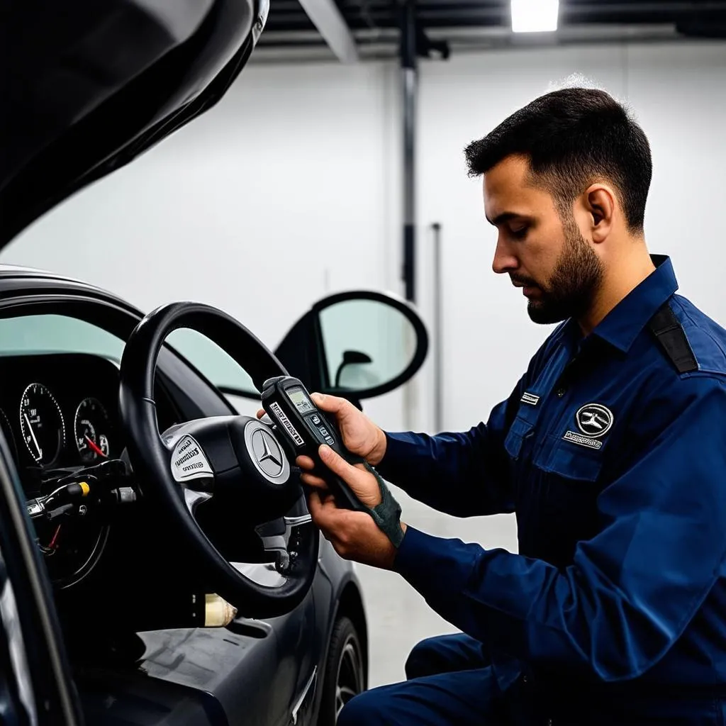 Mechanic Using Diagnostic Tool on Mercedes