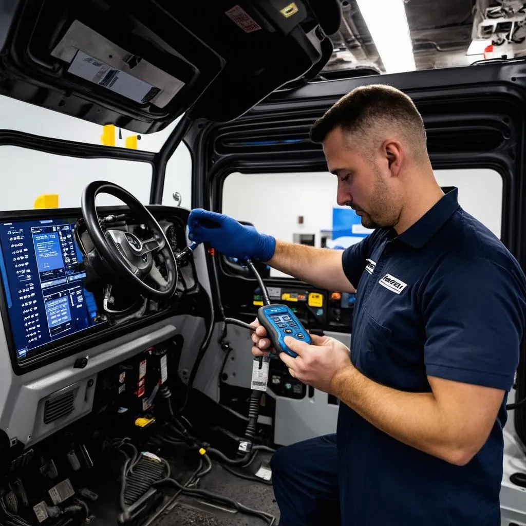 Un mécanicien utilisant un outil de diagnostic sur un camion Paccar MX