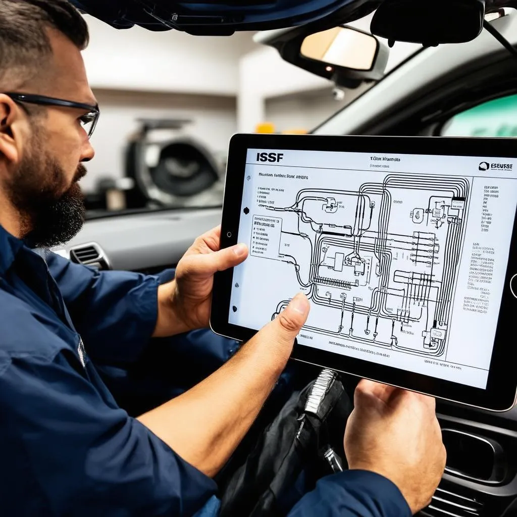 Mechanic using digital ISF manual on tablet