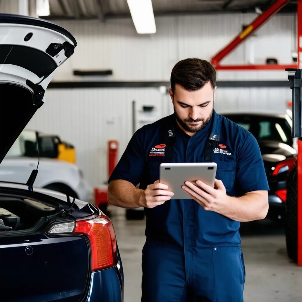 Mécanicien utilisant une tablette numérique dans un atelier de réparation automobile