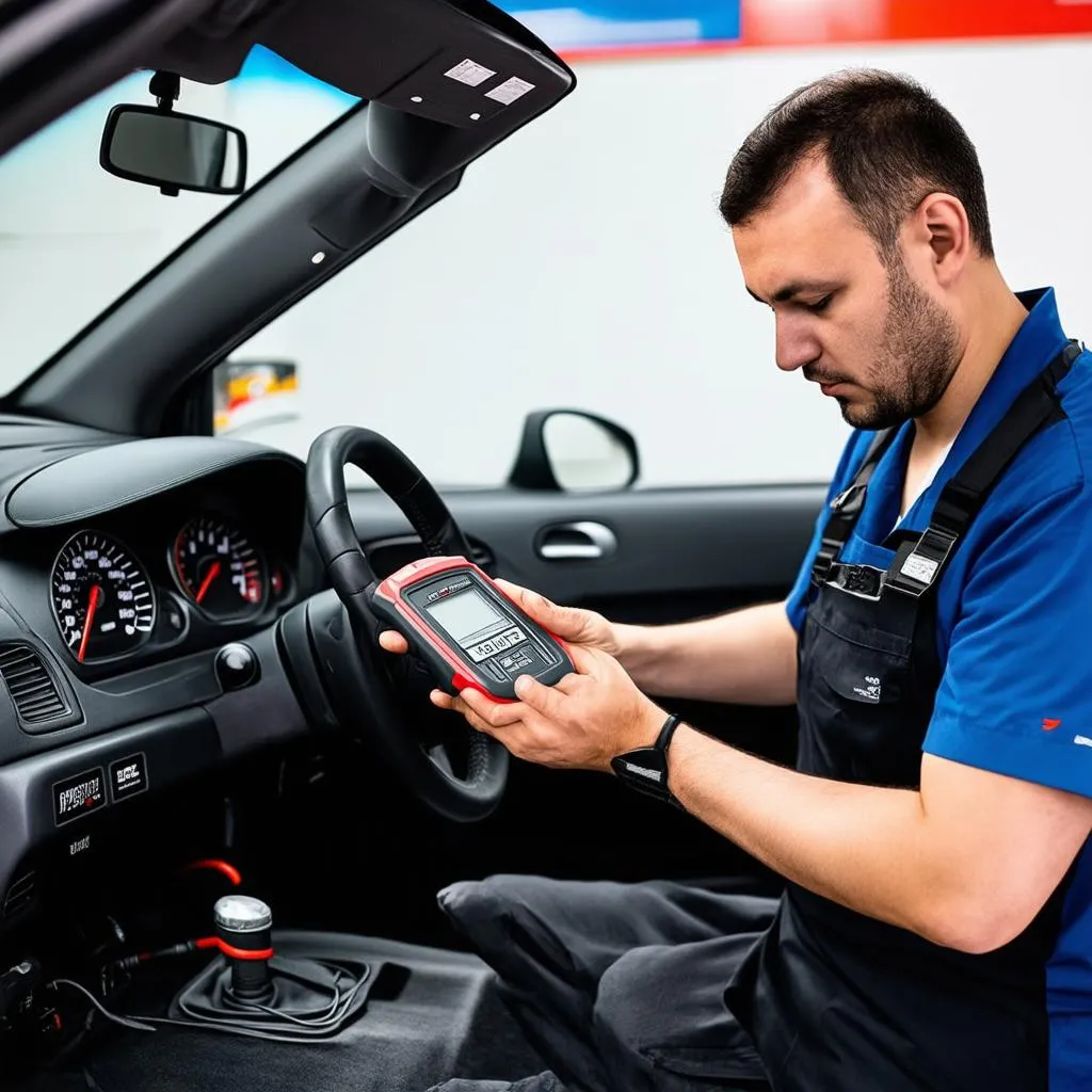 Mechanic using DS150E on a European car